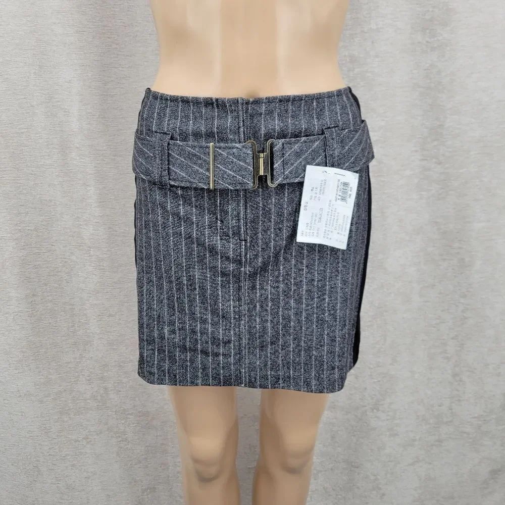 United Colors Of Benetton Gray Pinstripe Skirt with Belt NEW Cotton Wool Blend